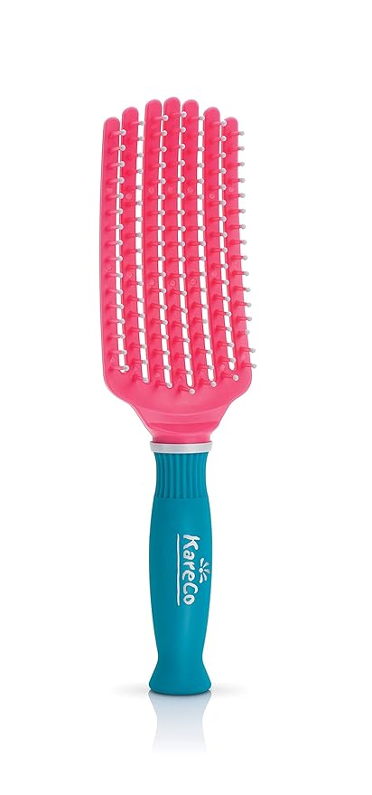 Premium Mini Tangle Buster Brush – Soft Nylon Bristles – Long Ergonomic Durable Rubber Handle – Ideal for Wet and Dry Hair & Easy Grooming, Teal and Pink Color (7 Fingers)