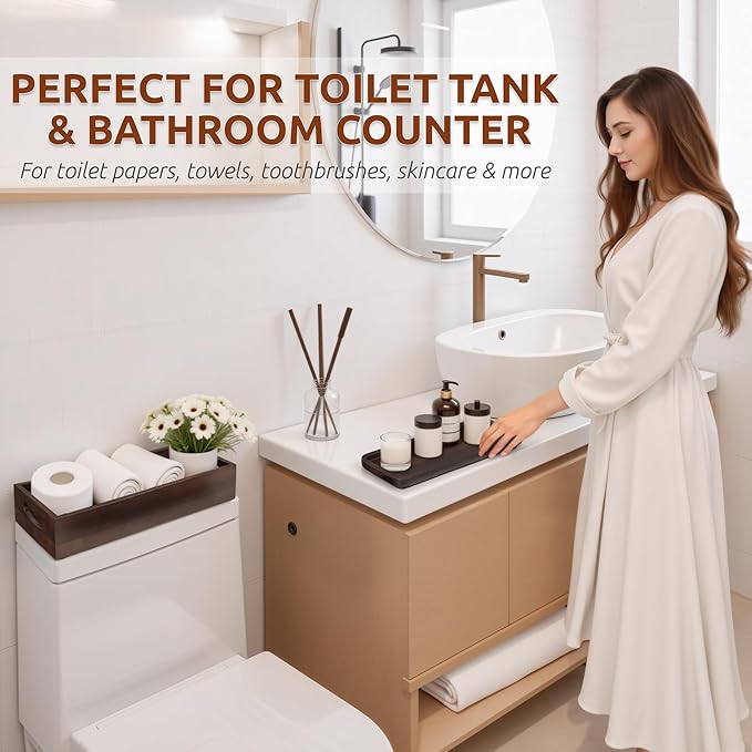 DEMIGO Toilet Tank Topper & Vanity Tray, Acacia Wood Decor Set, Dark Brown