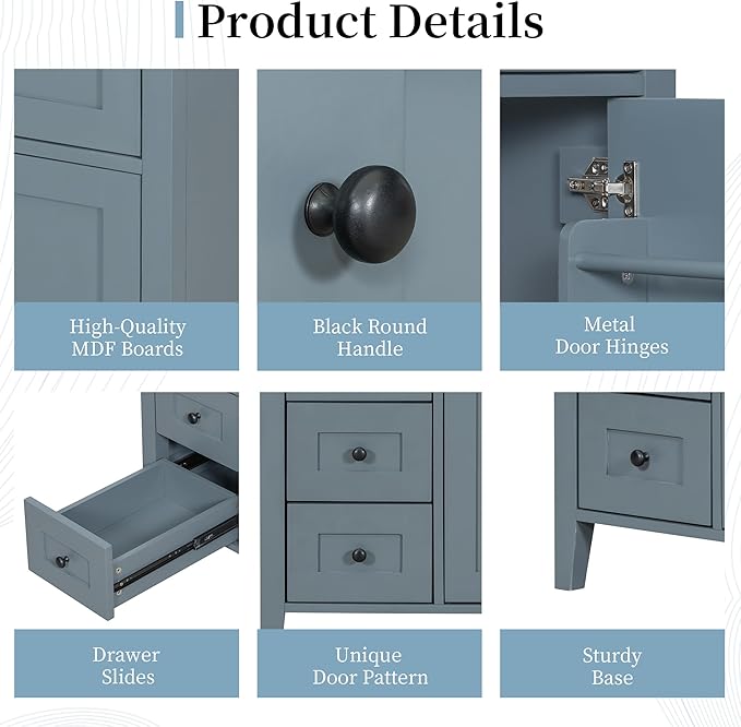 Harper & Bright Designs 36" Bathroom Vanity with Sink, Free Standing Vanity Set with 4 Drawers, Storage Racks, and Adjustable Shelf, Wood Bathroom Cabinet with Ceramic Basin for Bathroom, Blue Grey