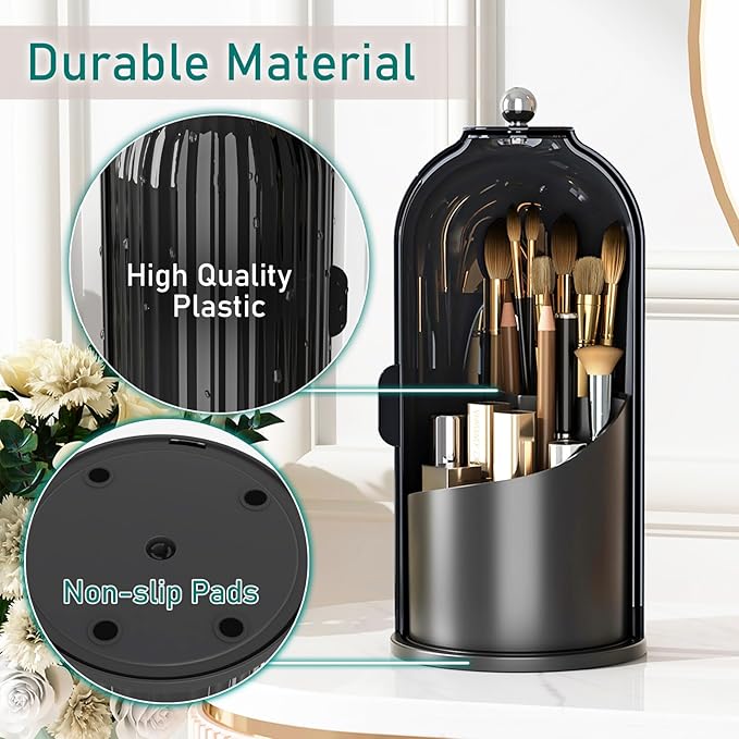 GAXmi Makeup Brush Holder with Lid Rotating Cosmetic Organizer, Dark Black