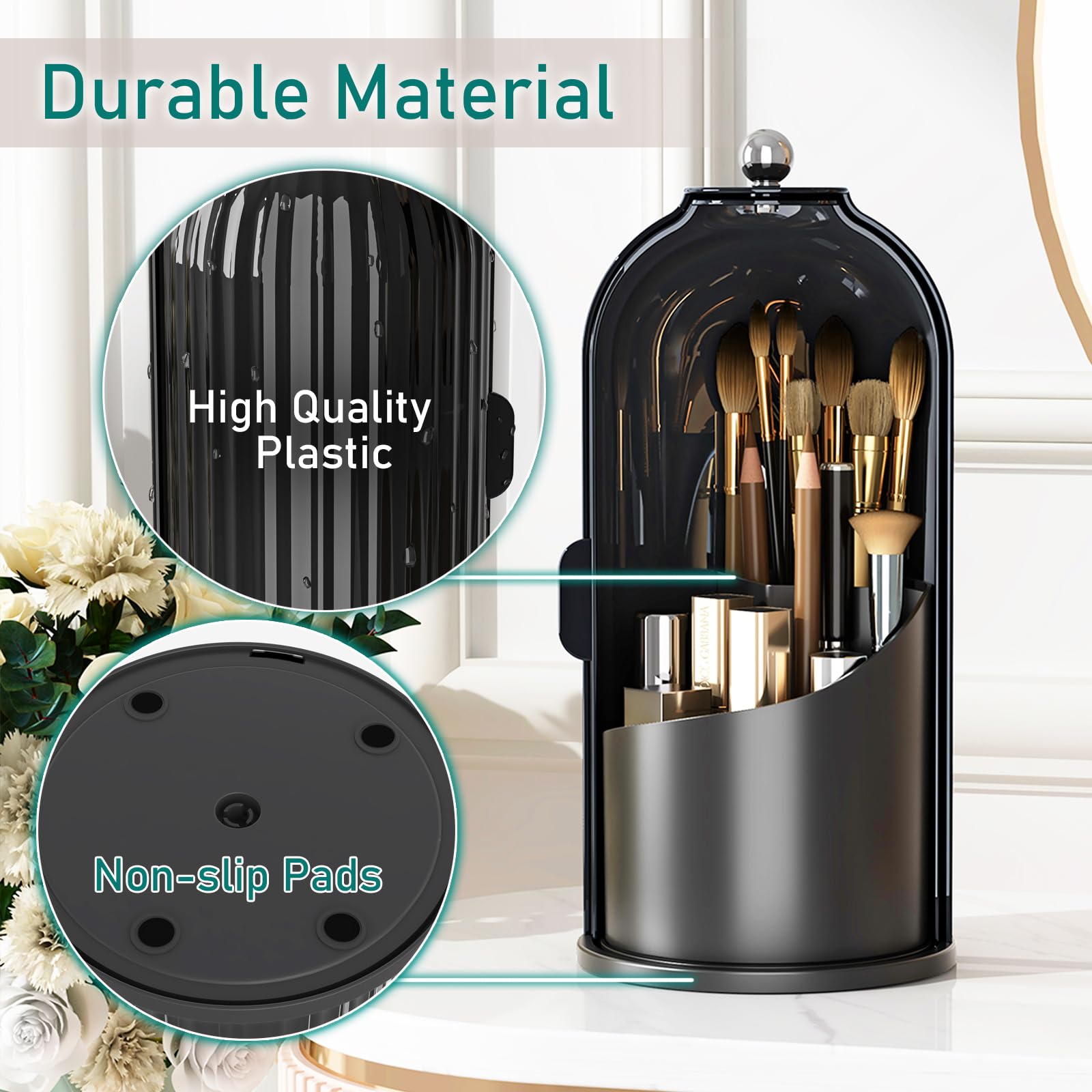 GAXmi Makeup Brush Holder with Lid Rotating Cosmetic Organizer, Dark Black