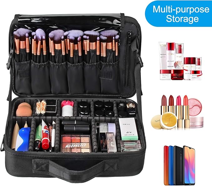 Relavel Makeup Bag Train Case for Women Travel Cosmetic Organizer with Adjustable Dividers and Brush Compartment, Large Storage Box for Cosmetics, Toiletries, Nail Polish, Jewelry, Electronic (Black)