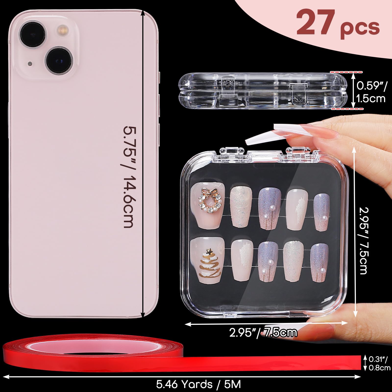 27PCS Press on Nail Boxes with 5M Nail Tape, Acrylic Fake Nail Storage Case