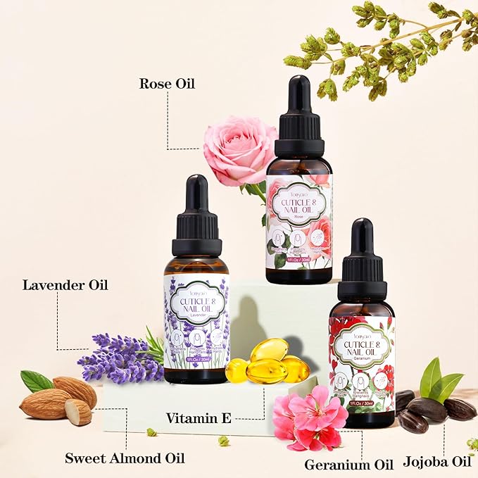 yonisayo 3 Pack Cuticle Oil, 3 in 1 Hydrating Oil for Strengthen Dry Nails Care, Soothe Cracked Cuticles, Thin Nails & Moisturize Hands, Non-Greasy, Cruelty-Free, Rose, Geranium, Lavender