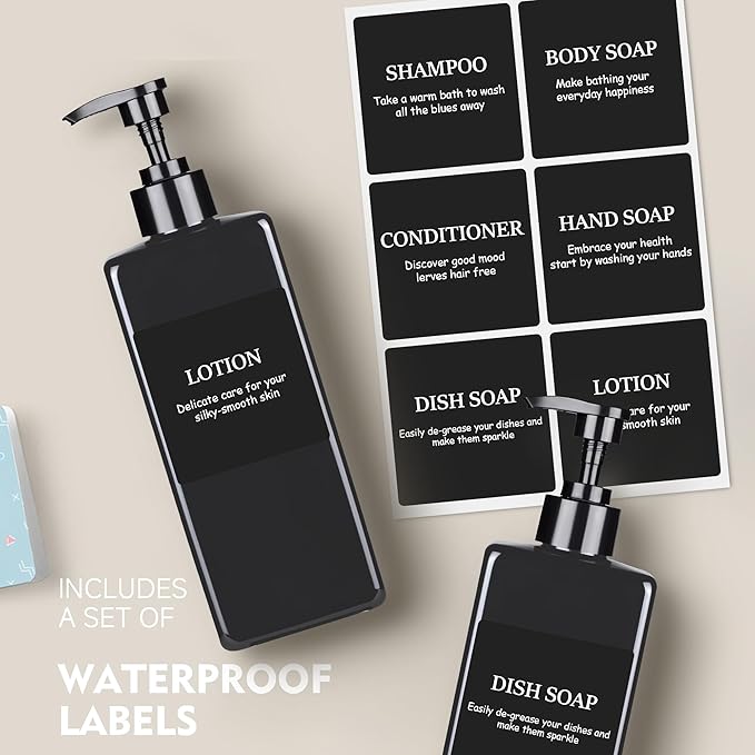 Refillable Shampoo and Conditioner Dispenser Plastic Shampoo Pump Bottles Set for Bathroom with Waterproof Labels