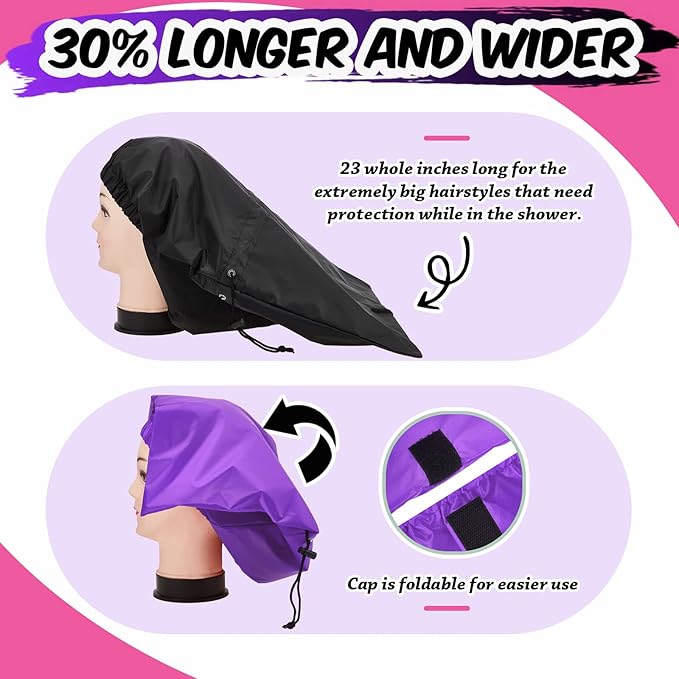 SATINIOR 2 Pcs Braid Shower Cap Jumbo Waterproof Shower Caps for Long Hair, Extra Large Adjustable Foldable Bath Caps with Drying Loop, Plastic Hair Bonnets for Women Men Dreadlocks(Classic)