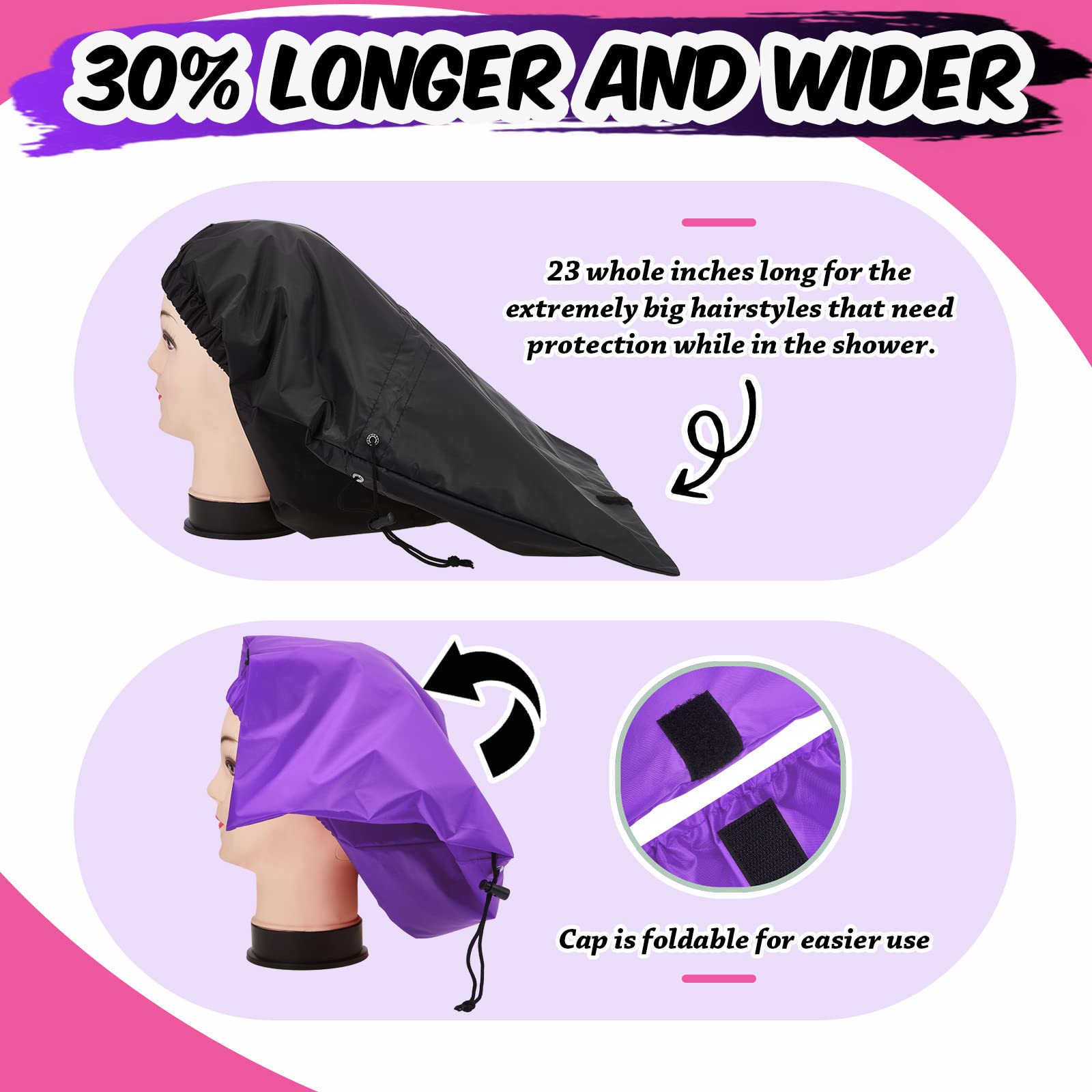 SATINIOR 2 Pcs Extra Large Braid Shower Cap Jumbo Shower Caps for Braid Waterproof Adjustable Reusable Bath Cap with Drying Loop, Hair Bonnets for Women Long Hair Dreadlock Curls Extensions(Classic)