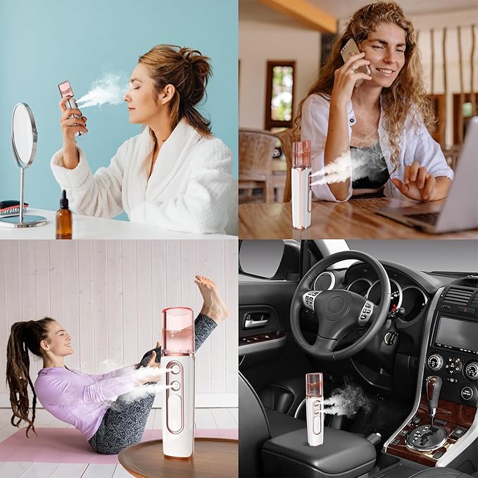 withthesun Nano Facial Mister, Cool Mist Face Steamer with 2 Spray Nozzle, USB Rechargeable, Visual Water Tank, Nano Mister for Eyelash Extensions, Skin Care, Daily Makeup, Deep Hydrating-Pink