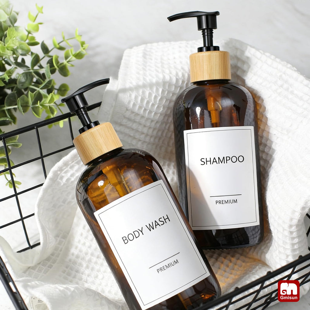 GMISUN Amber Glass Soap Dispenser, 2 Pack Bathroom Hand Soap Dispensers with Bamboo Pump, 17 Fl Oz Kitchen Hand and Dish Soap Dispenser Set, Modern Vintage Liquid Brown Soap Dispensers Bottle