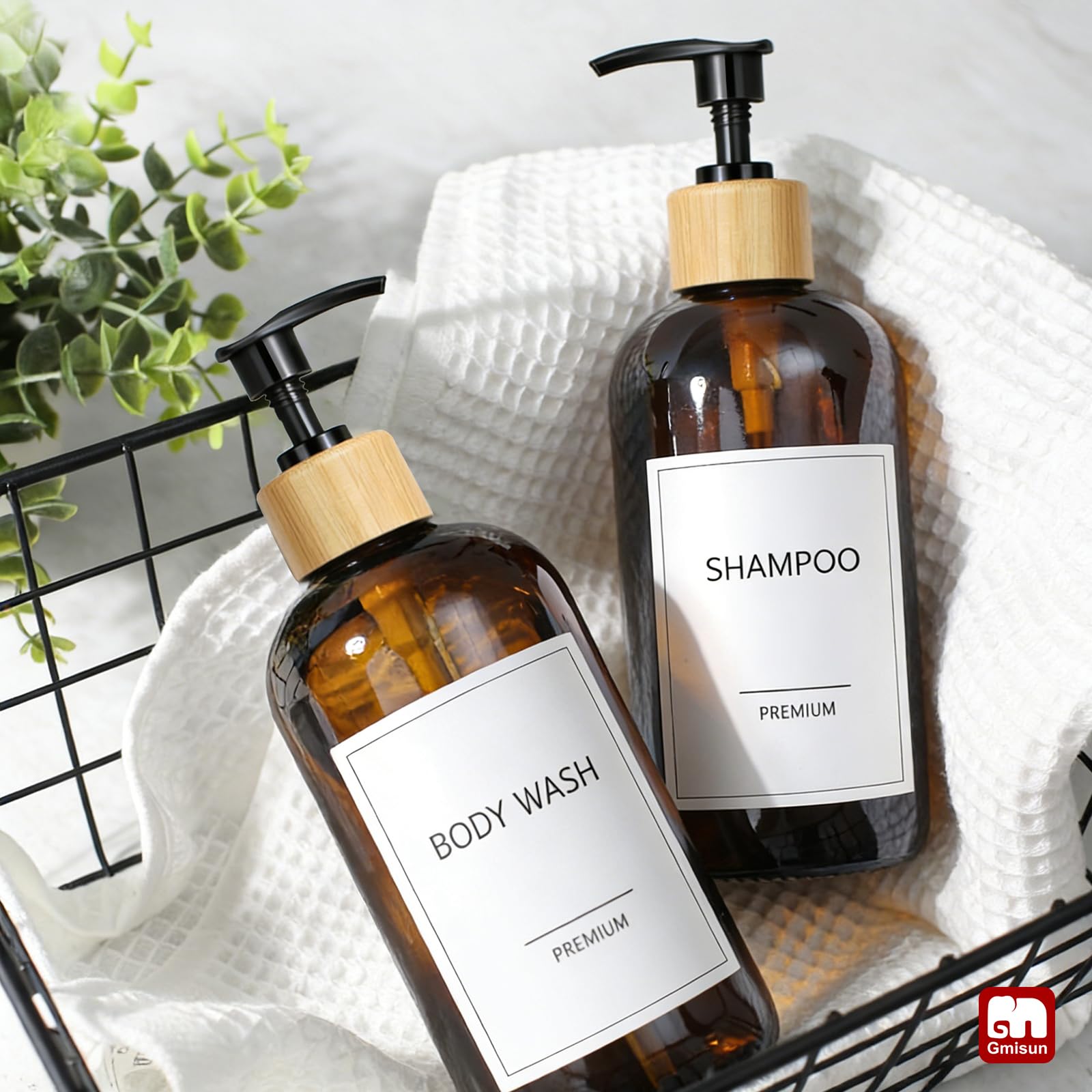 GMISUN Amber Glass Soap Dispenser, 2 Pack Bathroom Hand Soap Dispensers with Bamboo Pump, 17 Fl Oz Kitchen Hand and Dish Soap Dispenser Set, Modern Vintage Liquid Brown Soap Dispensers Bottle