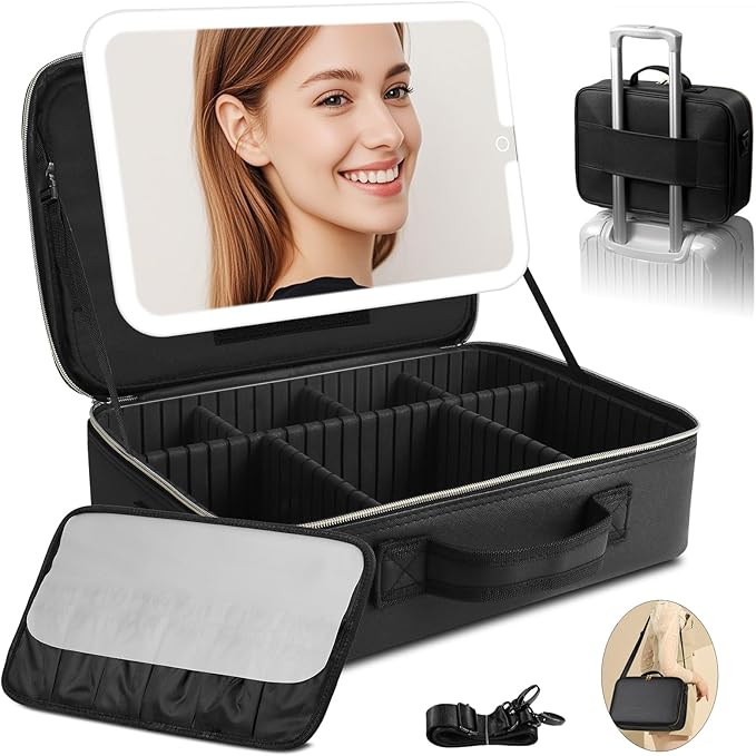 15''X11'' Large Makeup Bag with Removable Lighted Mirror, PU Leather