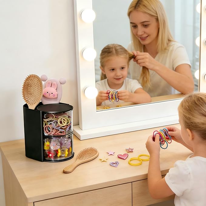 Hair Accessories Organizer with Hair Brush Holder, Rotatable Makeup Brush Holder for Necklaces, Earring, Bracelet, Ring, Makeup Brushes, Hair Clip and Hair Accessories (Black, 2-Layer)