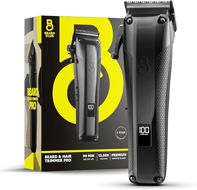 The Beard Club Pro Beard Trimmer for Men - Professional Men's Hair Trimmer for Barbers - Electric Cordless Rechargeable High Power 13,000 RPM - 10 Guides - Taper Lever - Diamond Like Carbon Blades