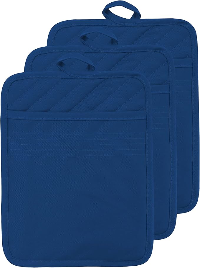 VEIKERY Cotton Pocket Pot Holders Machine Washable Heat Resistant Hot Pads for Kitchen Square Blue Oven Mitts 7"x9" Set of 3