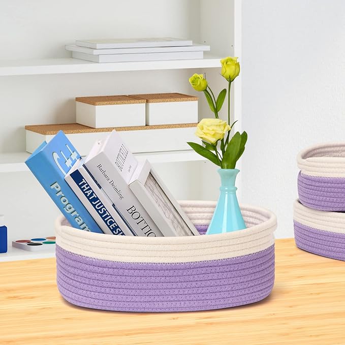 HLWDFLZ 7 Piece Cotton Rope Woven Basket Set - Small Basket for Baby Nursery, Pets, Montessori, Dog & Cat Toy Boxes, Bathroom Organization Bins (White/Purple)