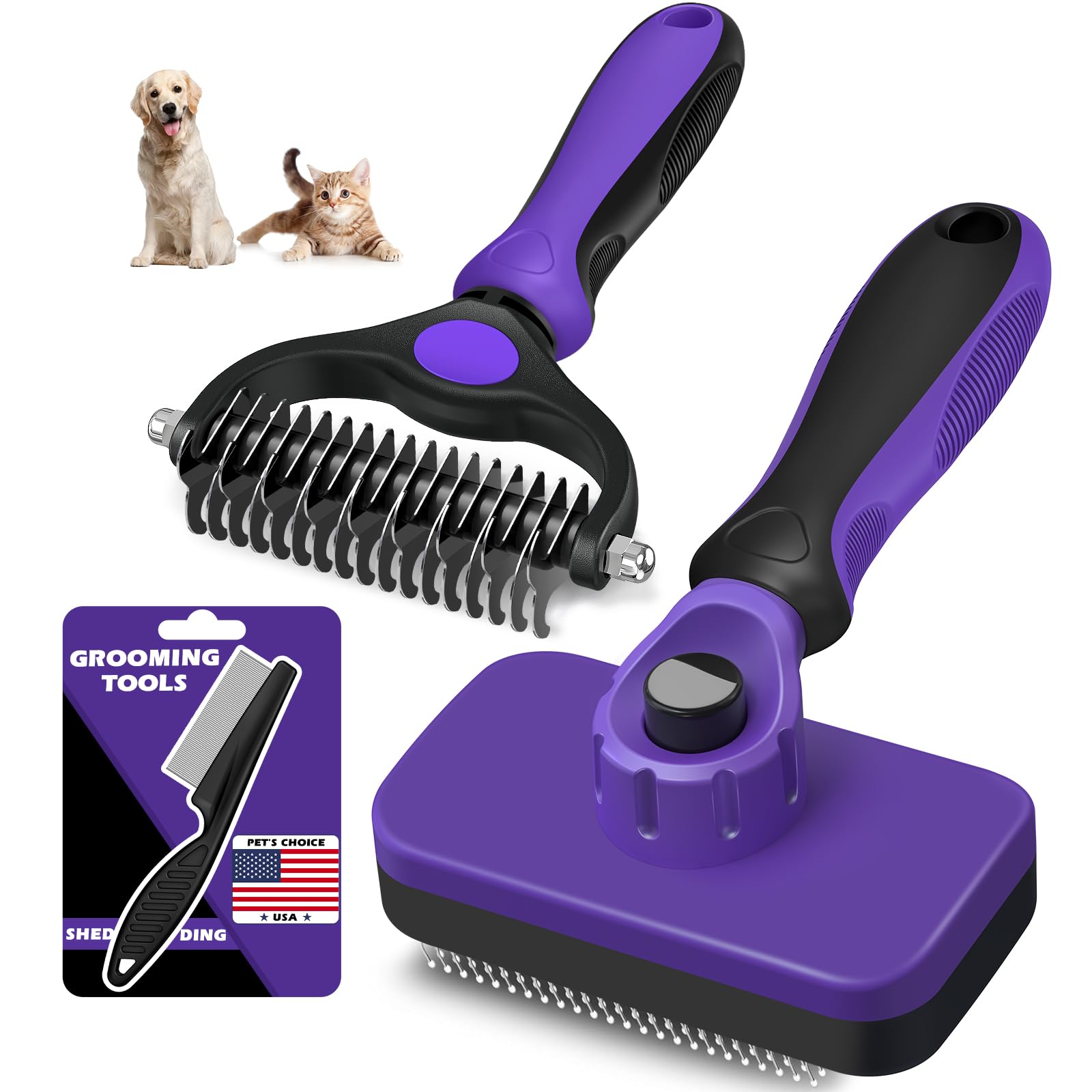 Professional 3PCS Self Cleaning Slicker Brush & Pet Grooming Rake & Flea Comb for Dogs,Cats and Horses | Double-Sided Dematting Comb & Skin Friendly Deshedding Grooming Tool | Pet Supplies (Purple)