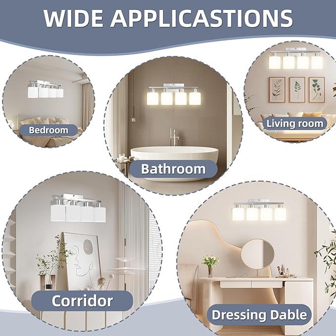 CANMEIJIA 4-Light Bathroom Vanity Light Fixtures with Brushed Nickel, Modern Vanity Lighting for Bedroom Living Room, Vanity Lights with Milky White Glass Shades, E26 Socket, Bulbs Not Included