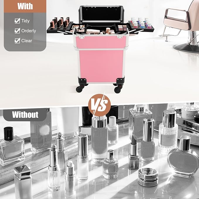 KHROOLT Rolling Makeup Train Case, Large Aluminum Alloy Cosmetic Trolley Case with Wheels & Retractable Handle, Lockable Storage for Makeup Artists, Lash Techs, Travel, Pink