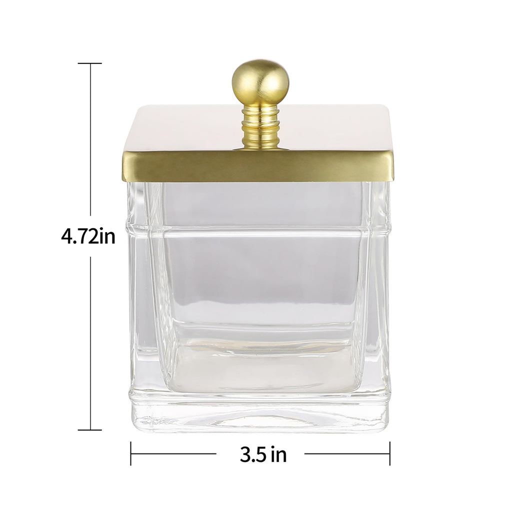 Indecor Home Glass Cotton Jar Holder 2 Pack– Brushed Gold Lid, Elegant Bathroom Storage Canister for Qtips, Cotton Balls, Floss, Makeup Organizer, Vanity & Bathroom Organization