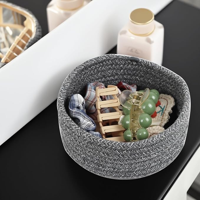 Small Basket, Set of 3 Small Woven Basket, Rope Baskets for Gifts, Cute Mini Tiny Baskets for Organizing Decor Nursery, Decorative Boho Round Storage Basket Bathroom Organization Bin (Grey)