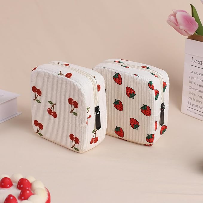 Teircno Period Bag for Women, Portable Corduroy Sanitary Napkin Storage Bag Cherry Period Pouch with Zipper, Sanitary Pads Bag Tampons Holder for Purse, First Period