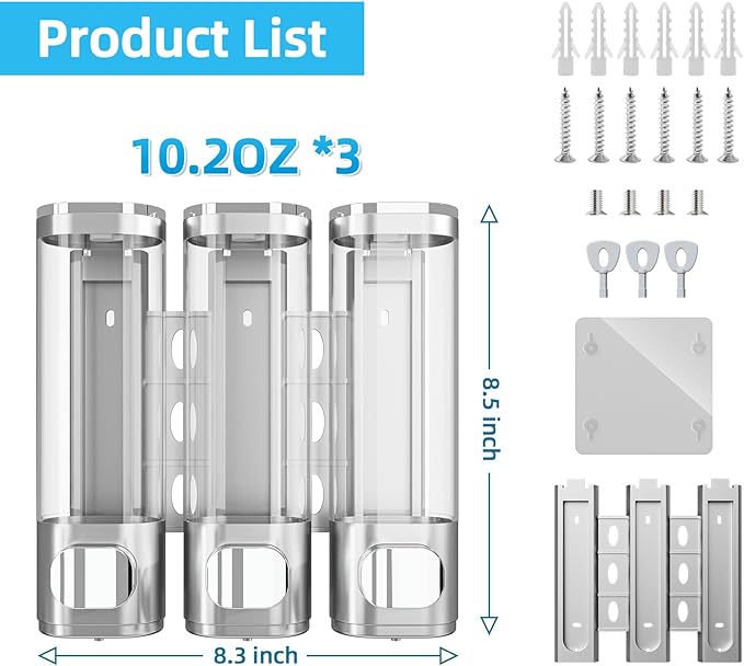 VITVITI Shampoo and Conditioner Dispenser for Shower Wall, Shower Soap Dispenser 3 Chamber No Drill Wall Mounted, 10.2 OZ Plastic Refillable Shower/Body Wash Bottles for Bathroom (Matte Silver)