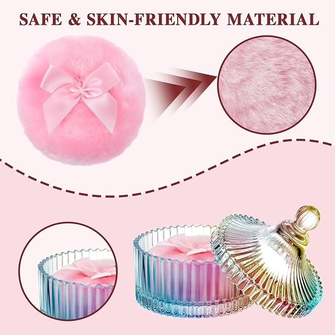 HUGOMOVA 5 Pcs Extra Large Body Powder Puff and Container Set – 5.43" Oversize Crystal Powder Container | 3.54" Ultra-Soft Velour Puff, Washable & Reusable, Ideal for Face (Colorful)