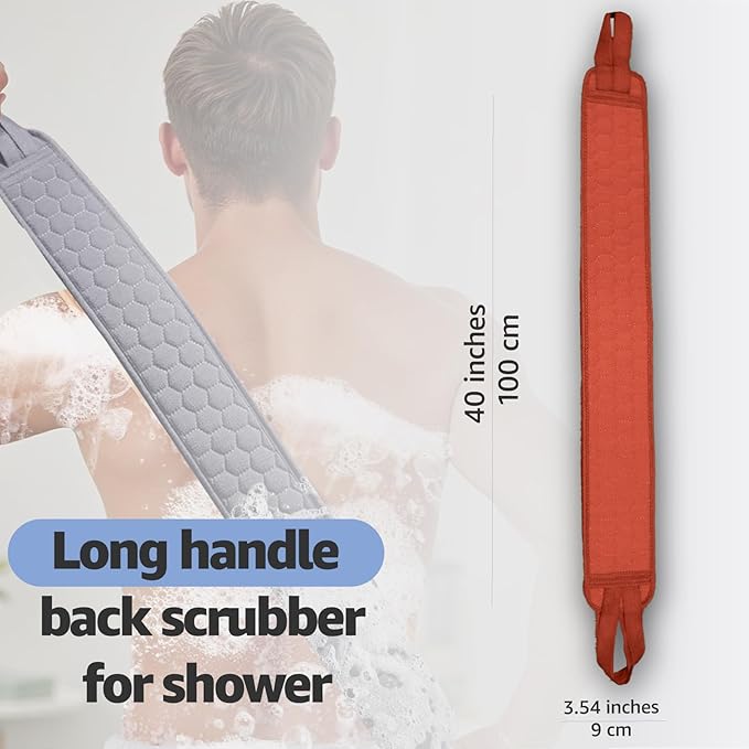 XNXA Back Scrubber for Shower with Handles, 40 Inch Extra Long Double-Sided Exfoliating Bath Strap, Textured Body Washer with Extended Reach for Deep Cleaning (Red)