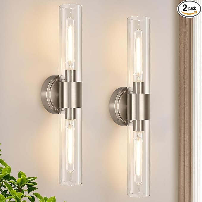 Wall Sconces Set of Two, Brushed Nickel Bathroom Sconces Wall Lighting with Clear Glass, Hardwired Modern Sconces Wall Decor Set of 2 for Bathroom Mirror Bedroom Living Room Hallway