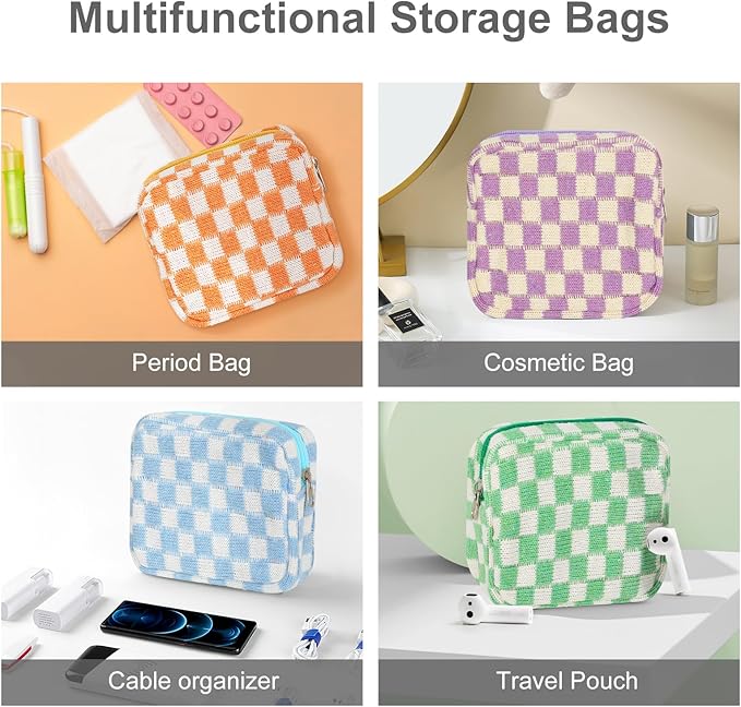 CekPo Sanitary Napkin Storage Bag, Menstrual Pad Zipper Bag Checkered Portable Period Bag Panty Liners, Tampon Storage Pouch for Women Ladies Daily Use Storage Purse Travel