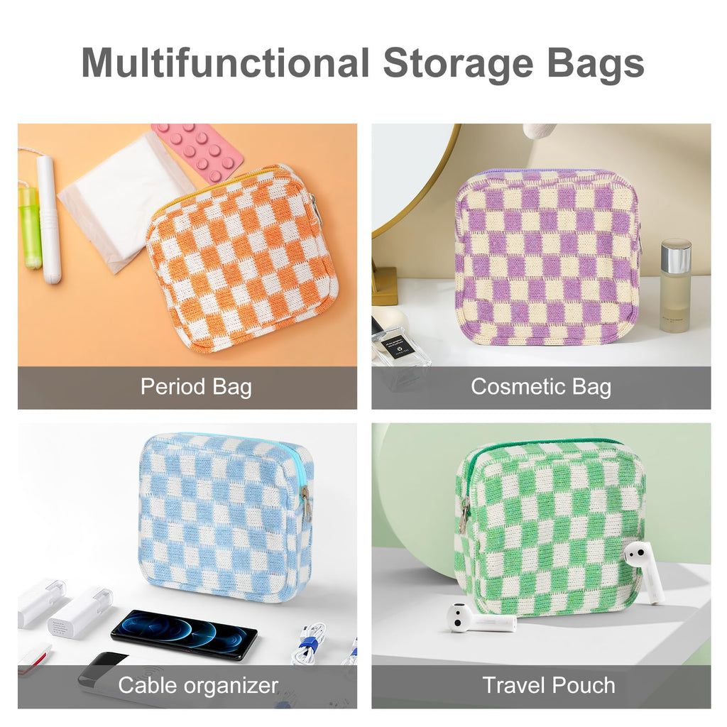 CekPo Sanitary Napkin Storage Bag, Menstrual Pad Zipper Bag Checkered Portable Period Bag Panty Liners, Tampon Storage Pouch for Women Ladies Daily Use Storage Purse Travel