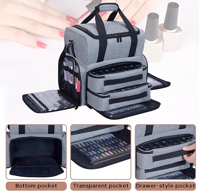 Nail Polish Organizer Case 80 Bottles Portable Travel Storage Case with 2 Detachable Bags, Designed for Women's Nail Tools, Essential Oils and Cosmetics Sets Grey