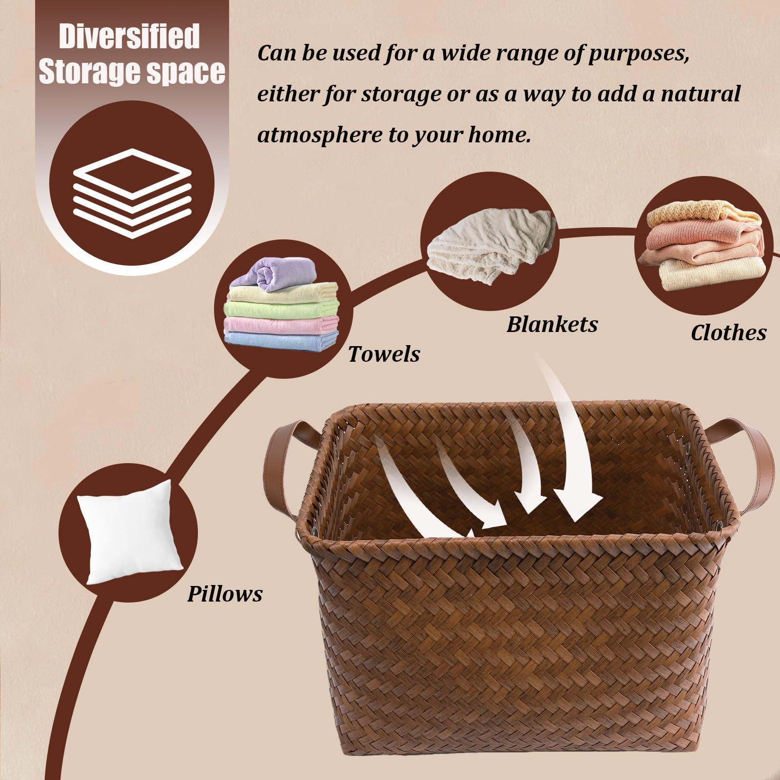 BROWNLILY Handwoven Clothes Basket Laundry Hampers Large Wicker Storage Baskets for Shelves Blankets Closet Storage Bins Car Bedroom Bathroom Organizers and Storage Bath (Pack of 4, Brown)