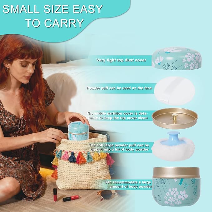 SHIMIDO Body Powder Puff and Container, 3.15" Portable Empty Powder Case Box with Lids for Baby, Women's, Travel and Home Use (White Flowers)