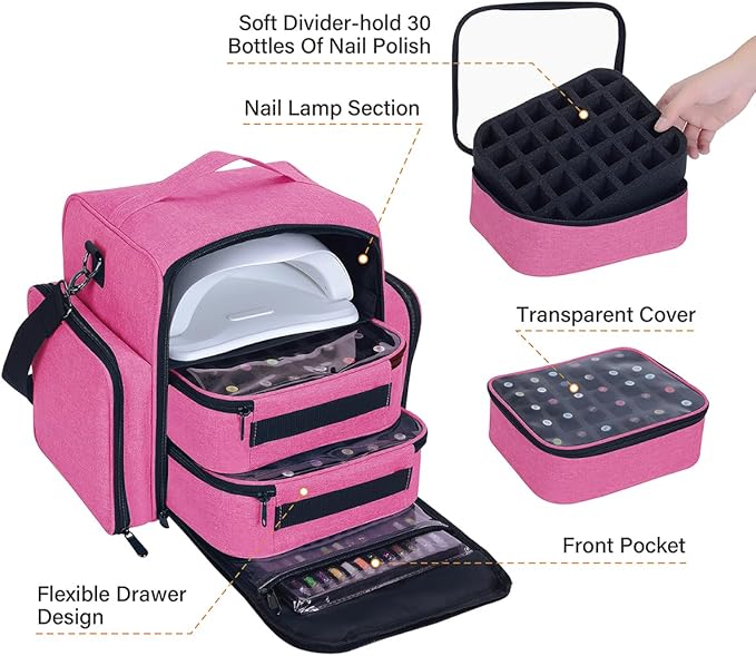 UOZL Nail Polish Organizer Case Hold 60 Bottles with 2 Detachable Bag,Red
