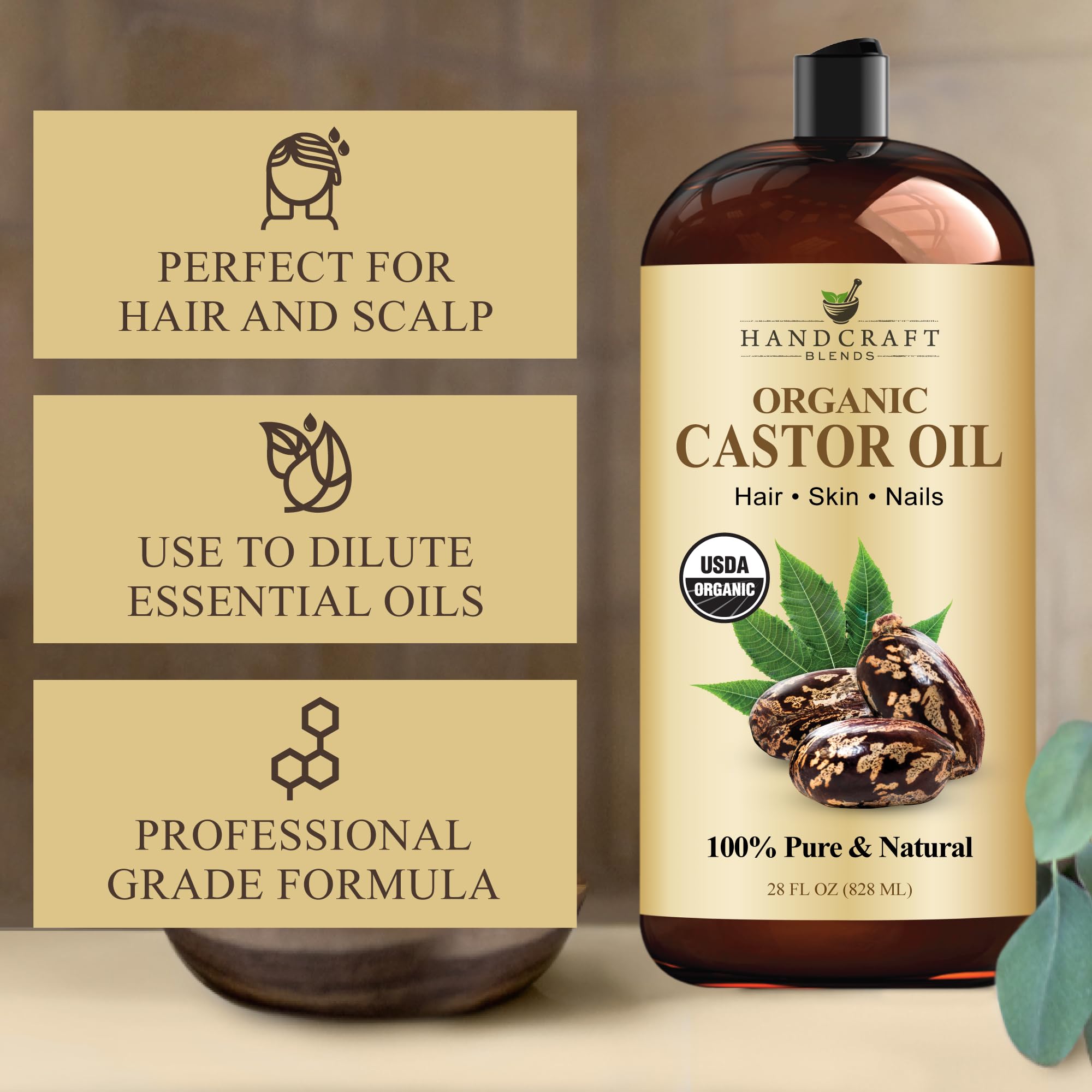 Handcraft Blends Organic Castor Oil 28 Fl Oz | 100% Pure and Natural | Premium Grade Carrier Oil | Hair, Eyelashes and Eyebrows | Hair and Body | Expeller-Pressed | Hexane-Free