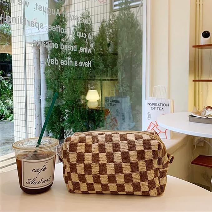SxoSyo 2 Pcs Cosmetic Bags, Checkered Brown