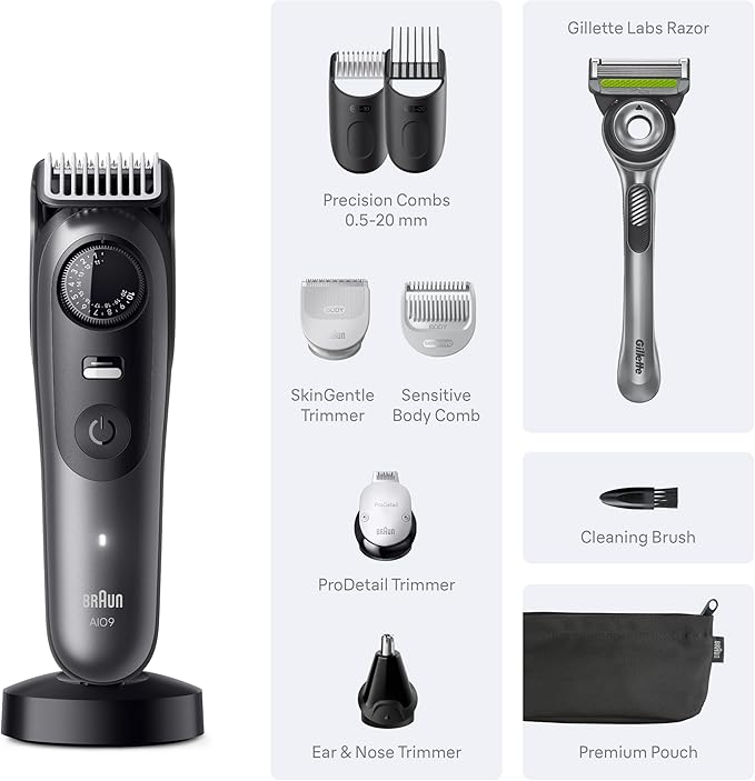 Braun All-in-One Series 9 Men’s Electric Beard Trimmer, Hair Clipper, Shaver & Razor for Face, Hair & Body, AIO 9535 with Gillette Labs Razor, Cordless