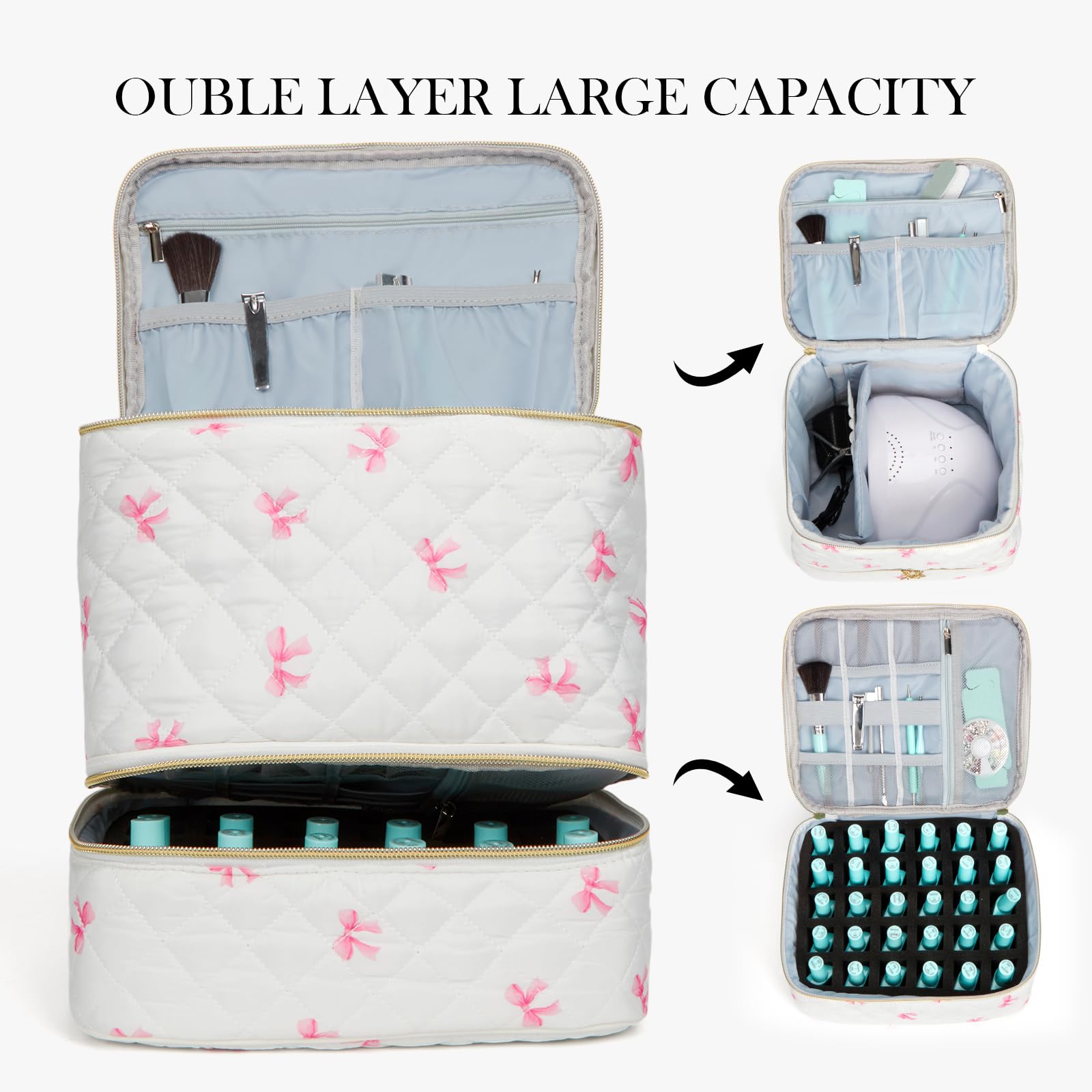hibear Nail Supplies Organizer Nail Polish Storage Holds 30 BottlesNail Polish Storage Holds 30 Bottles Nail Kit Case Makeup Bag Vanity Case for Women (bow-3)