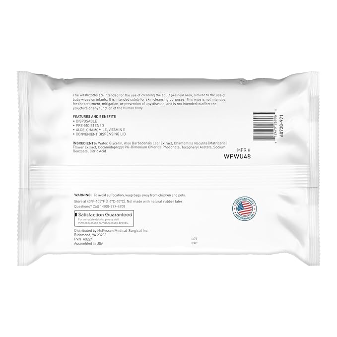 McKesson Washcloth Wipes, Unscented - Disposable Wet Wipes for Adults - Fragrance-Free, Paraben-Free - No-Rinse Formula, 48 Count, 3 Packs, 144 Total