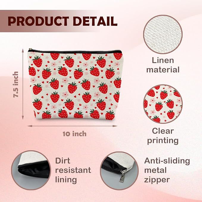 Supwhd Cut Red Strawberry Makeup Bag Portable Cosmetic Bag Zipper Pouch Toiletry Bag for Purse, Strawberry Stuff Gifts for Women Girls