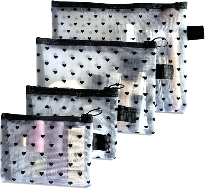TRAKWAN 4-Piece Heart Printed Mesh Makeup Bag Set, Portable Travel Mesh Cosmetic Bags Toiletry Bags Makeup Purse Bags Mesh Zipper Storage Pouches for Home Offices Travel Accessories (White)