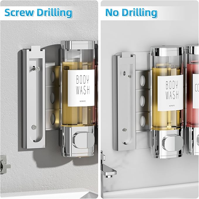 VITVITI Shampoo and Conditioner Dispenser for Shower Wall, Shower Soap Dispenser 3 Chamber No Drill Wall Mounted, 10.2 OZ Plastic Refillable Shower/Body Wash Bottles for Bathroom (Silver)