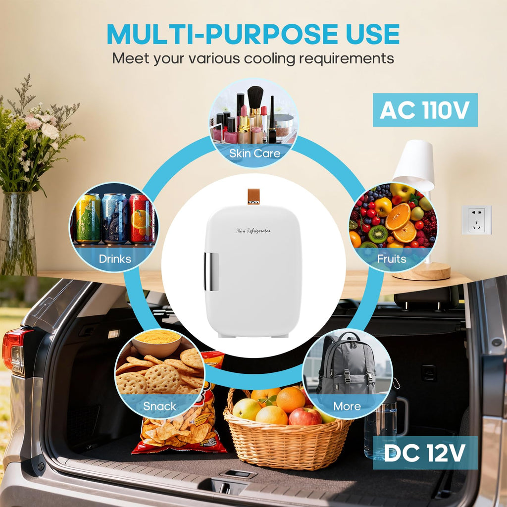 DUMOS Mini Fridge for Bedroom, 4L Compact Personal Fridge Cooler For Skincare, Drinks, And Snacks, Fits 6 Cans, Mini Refrigerator with 110V Ac/12V Dc, Ideal For Car, Dorm, White