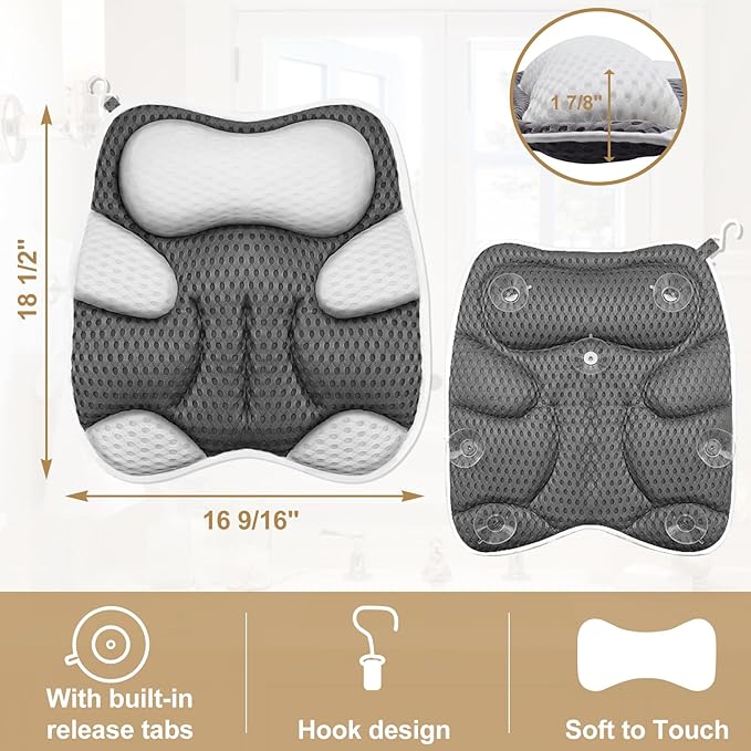 ZYIDBNG Bath Pillow for Tub Ergonomic Cat Shape Design Bath Pillow for Head and Neck Support SPA Gift Bathtub Pillow 4D Air-Mesh with 7 Suction Cups Washable Gray