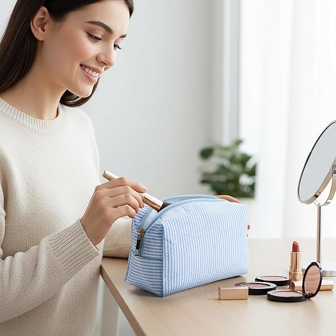 Sanwuta 12 Pcs Seersucker Cosmetic Bags Bulk Seersucker Makeup Bags Stripe Women Pouch Large Preppy Storage Pouch Toiletry Travel for Wedding Bridesmaid Bride Favor Back to Teacher Gift (Light Blue)