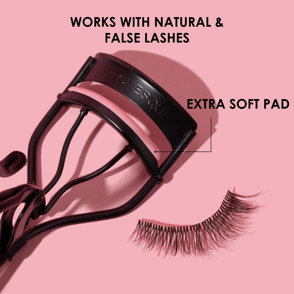 JAPONESQUE Professional Volumizing Lash Curler for Natural & False Lashes on Most Eye Shapes and Large Eyes, 1 Refill Pad, Holds Curl up to 8 Hours