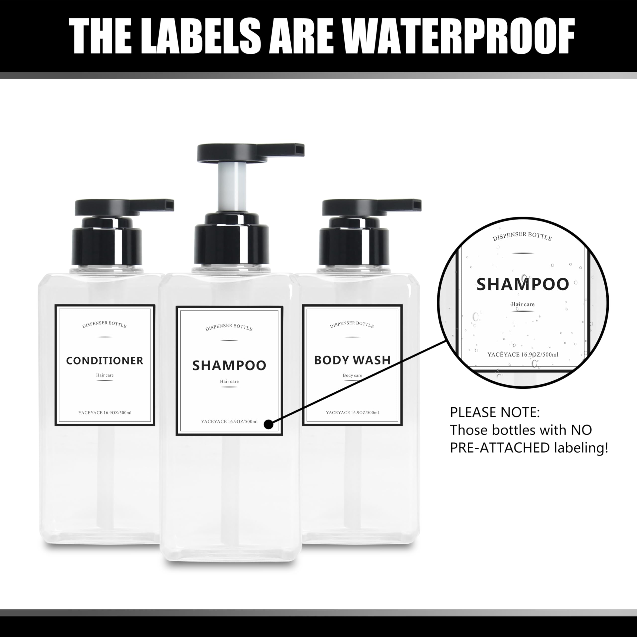 Soap Dispenser Set, YACAYACE 16.9oz Clear Shampoo and Conditioner