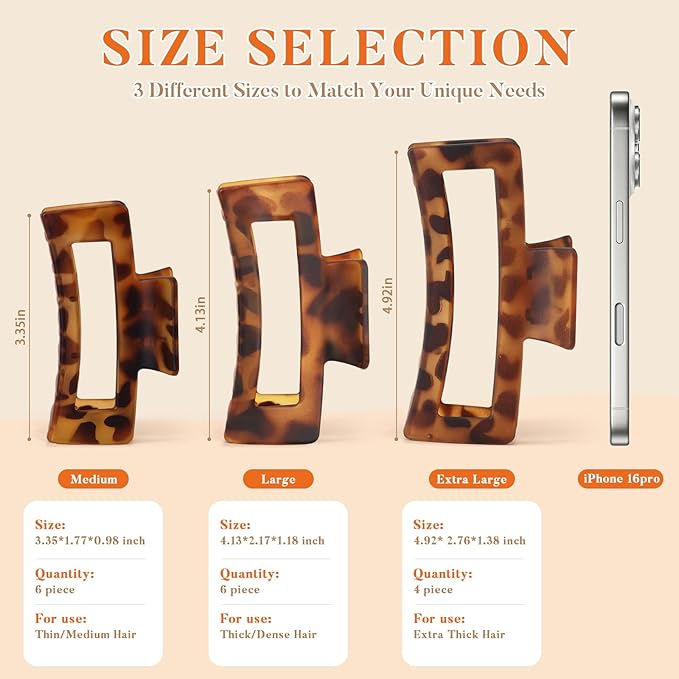 Auseibeely 6 Pack 4.1 Inch Large Claw Clips for Thick Hair, Big Tortoise Shell Claw Clip for women, Square Hair Clips for Thick/Long/Curly Hair, Strong Hold Non-slip Baseball Jaw Clip Accessories