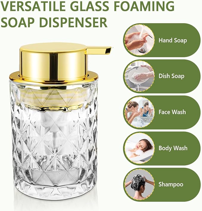 Abriclo Glass Foaming Soap Dispenser 2 Pack Refillable Foaming Hand Soap Dispenser with Gold Large Pump Wide Opening for Bathroom Kitchen Countertop Modern Home Decor with Elegant Pattern, Transparent